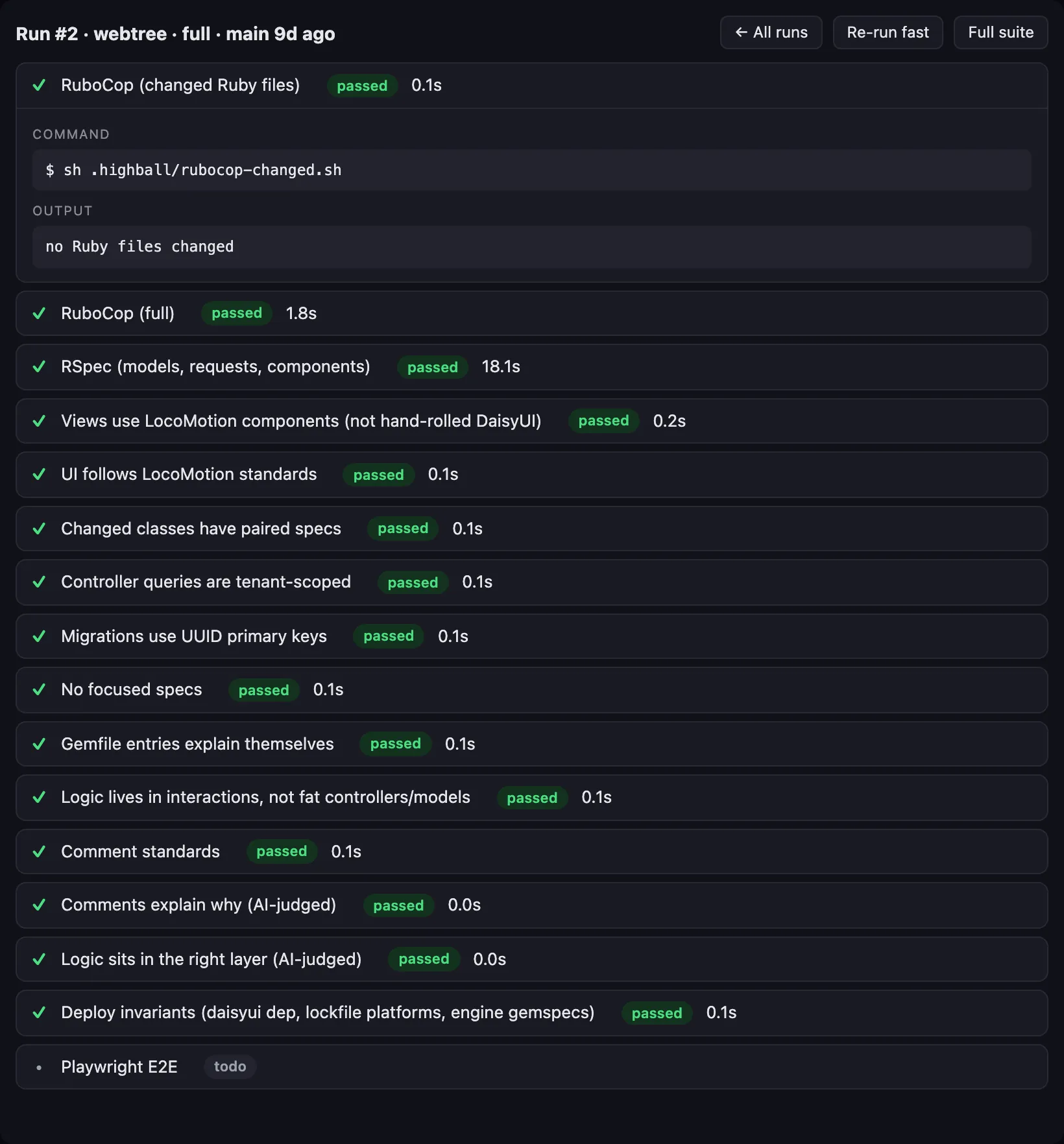 A full run in the widget: RSpec at 18 seconds, two AI-judged checks, a todo check, and one check expanded to show its command and output