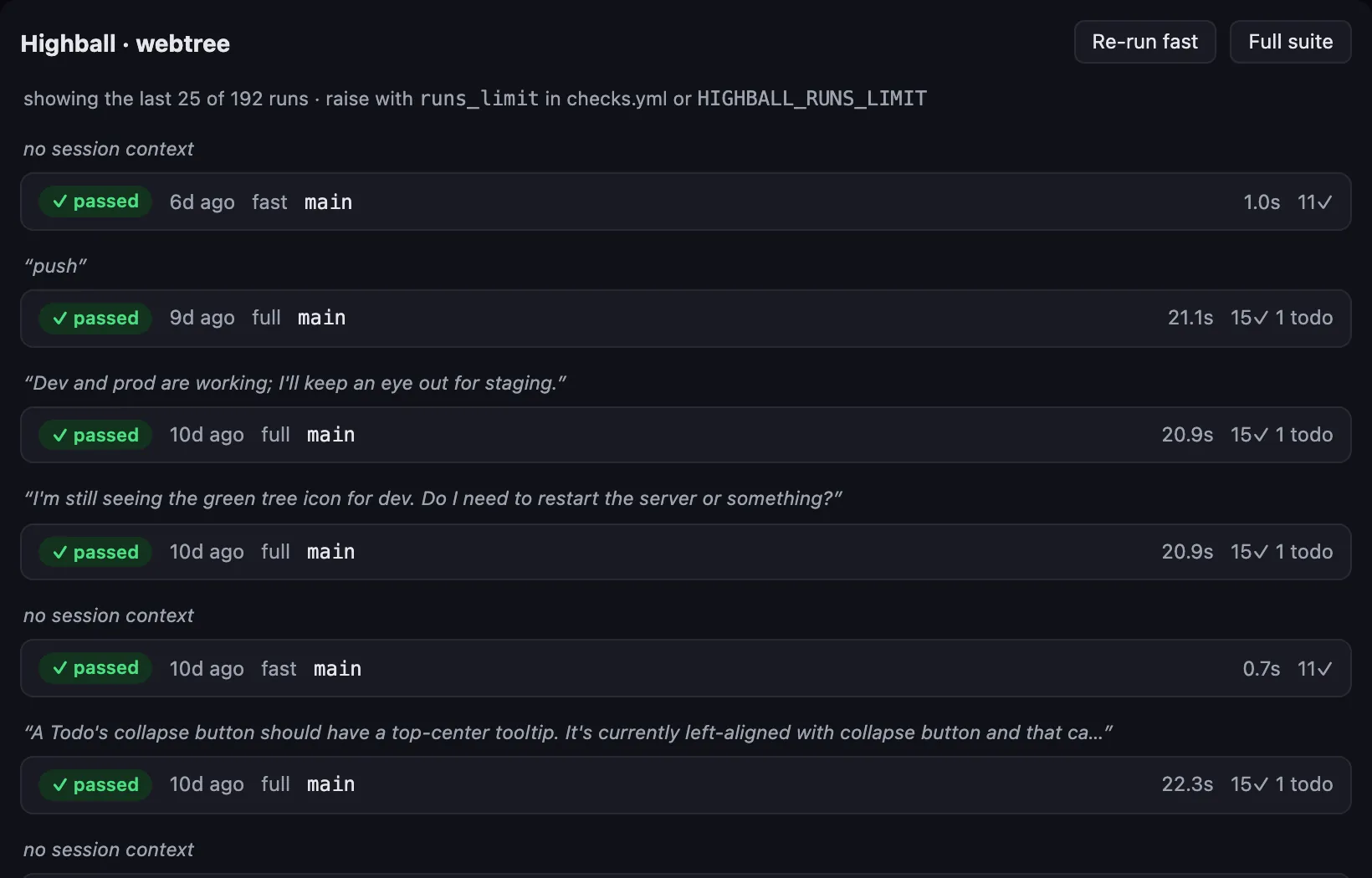 Highball run history widget in Claude Desktop: recent runs for the webtree project, each with status, trigger, branch, duration and check counts